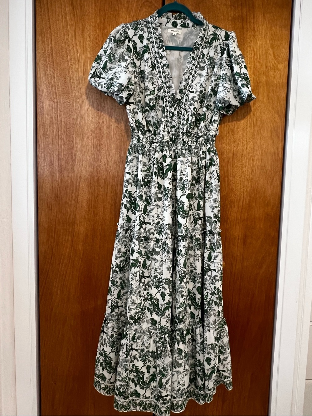 Max Studio Green and White Floral V-Neck Tiered Maxi Dress